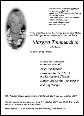Traueranzeige von Margret Tommerdich von Tageszeitung