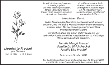 Traueranzeige von Lieselotte Preckel von Tageszeitung