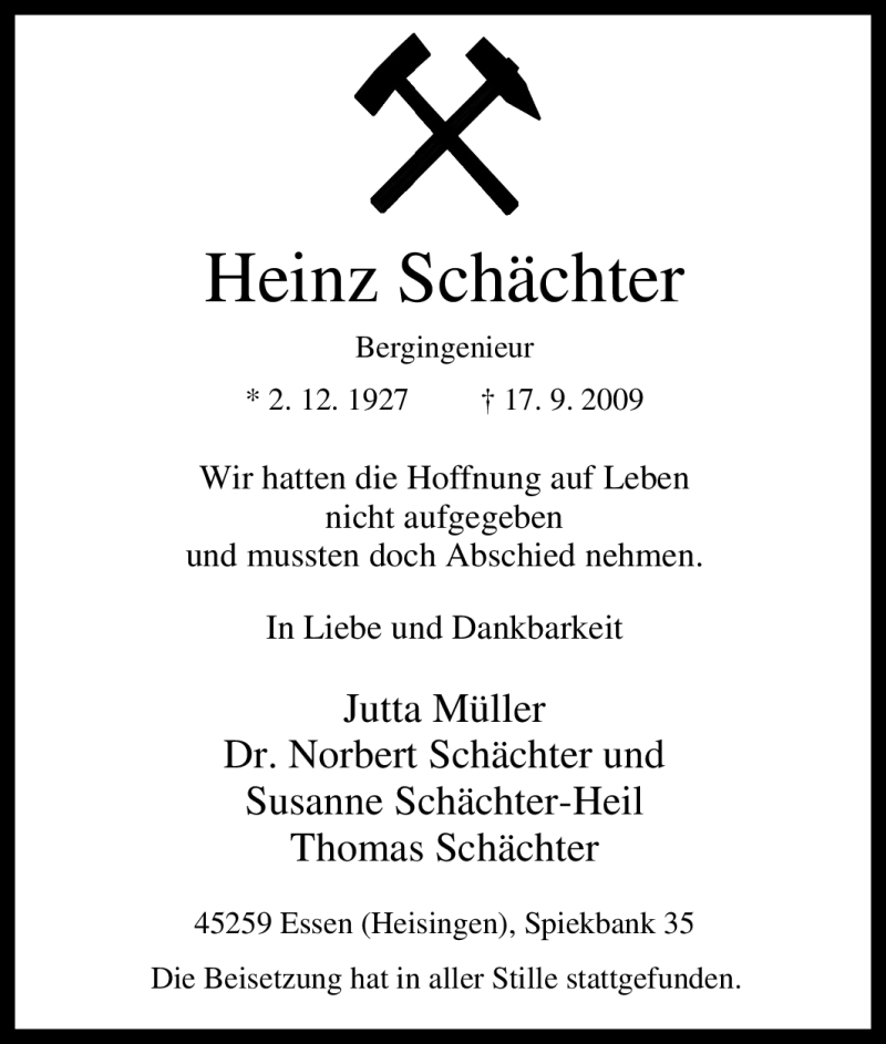  Traueranzeige für Heinz Schächter vom 10.10.2009 aus Tageszeitung
