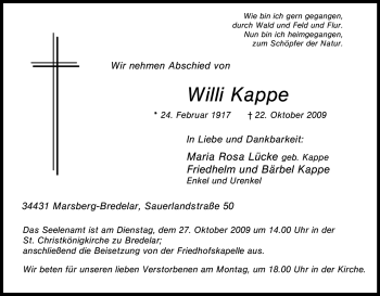 Traueranzeige von Willi Kappe von Tageszeitung