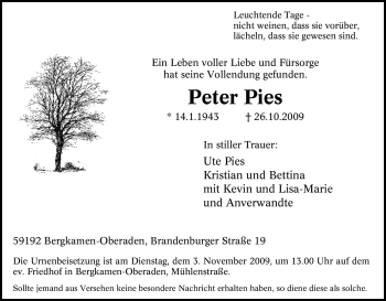 Traueranzeige von Peter Pies von Tageszeitung