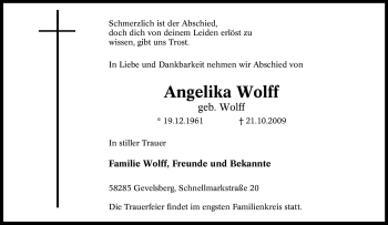 Traueranzeige von Angelika Wolff von Tageszeitung