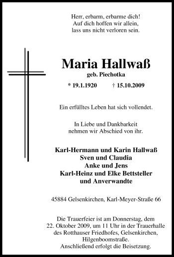 Traueranzeige von Maria Hallwaß von Tageszeitung