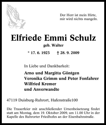 Traueranzeige von Elfriede Emmi Schulz von Tageszeitung