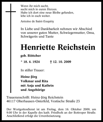 Traueranzeige von Henriette Reichstein von Tageszeitung