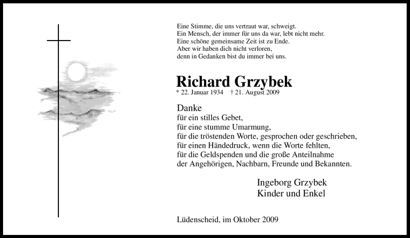 Traueranzeige für Richard Grzybek vom 10.10.2009 aus Tageszeitung