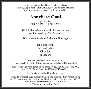 Traueranzeige von Anneliese Gaul von Tageszeitung
