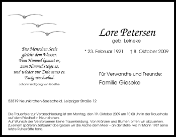 Traueranzeige von Lore Petersen von Tageszeitung