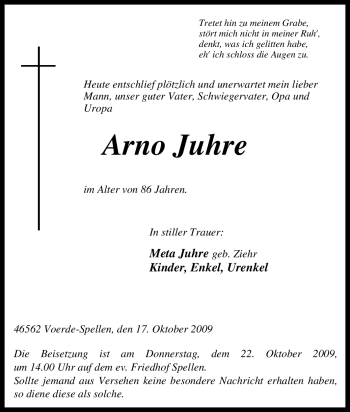 Traueranzeige von Arno Juhre von Tageszeitung