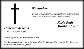 Traueranzeige von Hilde van de Sand von Tageszeitung