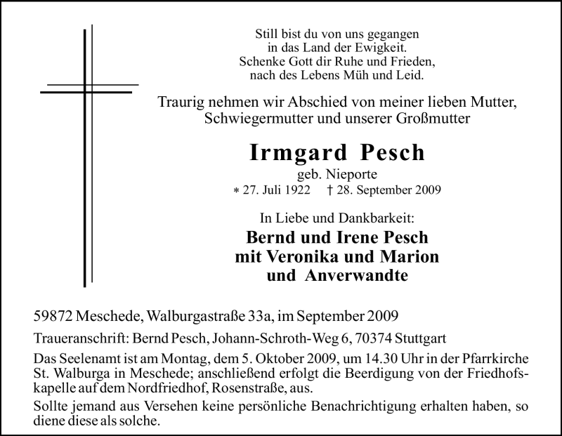  Traueranzeige für Irmgard Pesch vom 01.10.2009 aus Tageszeitung