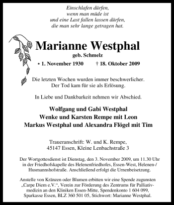 Traueranzeige von Marianne Westphal von Tageszeitung