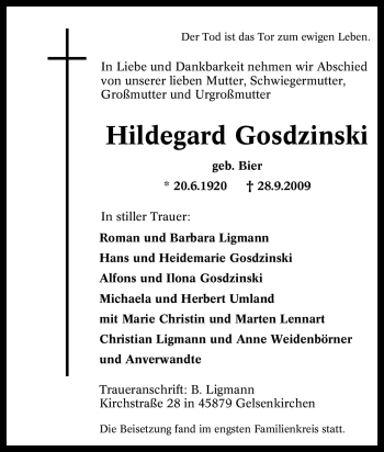 Traueranzeige von Hildegard Gosdzinski von Tageszeitung