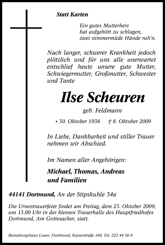  Traueranzeige für Ilse Scheuren vom 14.10.2009 aus Tageszeitung