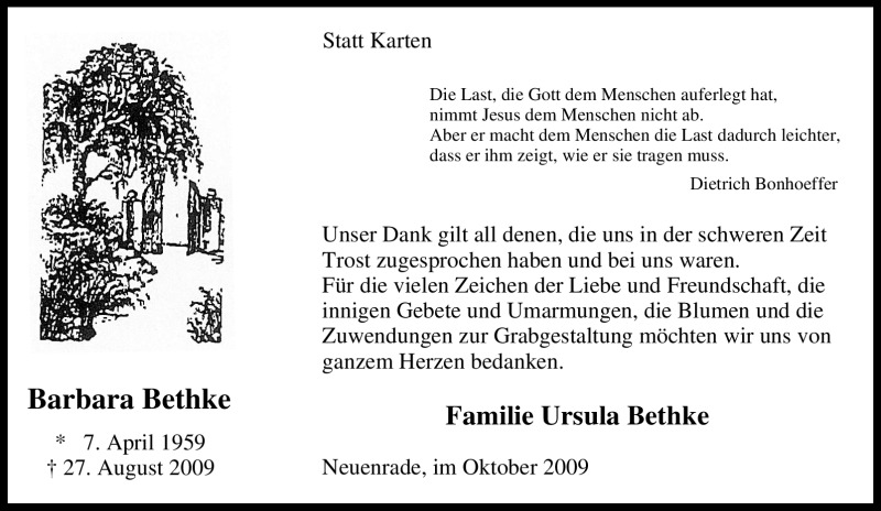  Traueranzeige für Barbara Bethke vom 06.10.2009 aus Tageszeitung
