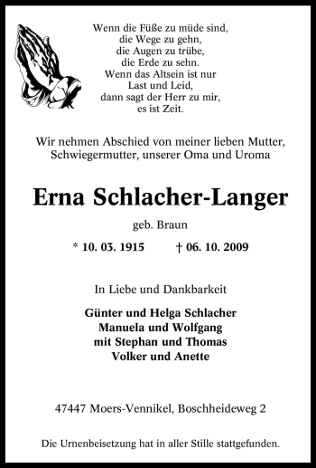 Traueranzeige von Erna Schlacher-Langer von Tageszeitung