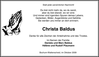Traueranzeige von Christa Baldus von Tageszeitung