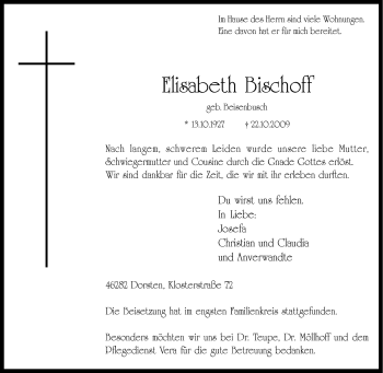Traueranzeige von Elisabeth Bischoff von Tageszeitung