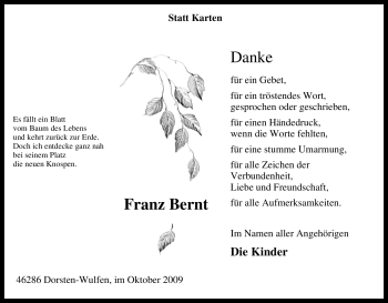 Traueranzeige von Franz Bernt von Tageszeitung