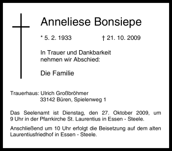 Traueranzeige von Anneliese Bonsiepe von Tageszeitung