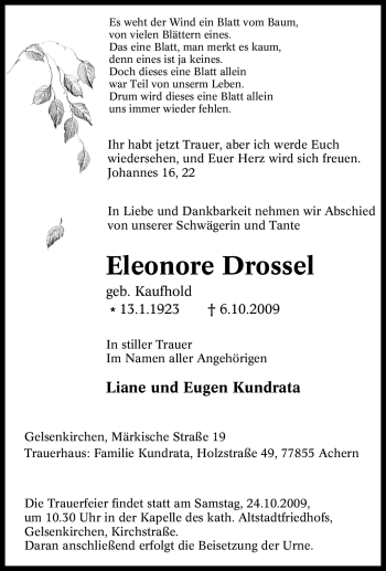 Traueranzeige von Eleonore Drossel von Tageszeitung