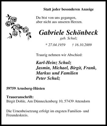 Traueranzeige von Gabriele Schönbeck von Tageszeitung