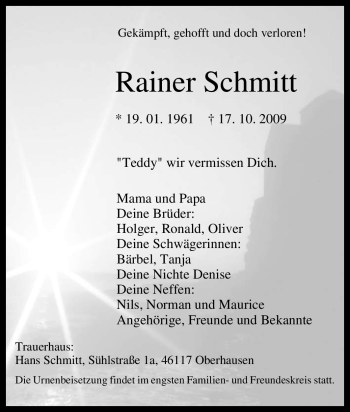Traueranzeige von Rainer Schmitt von Tageszeitung