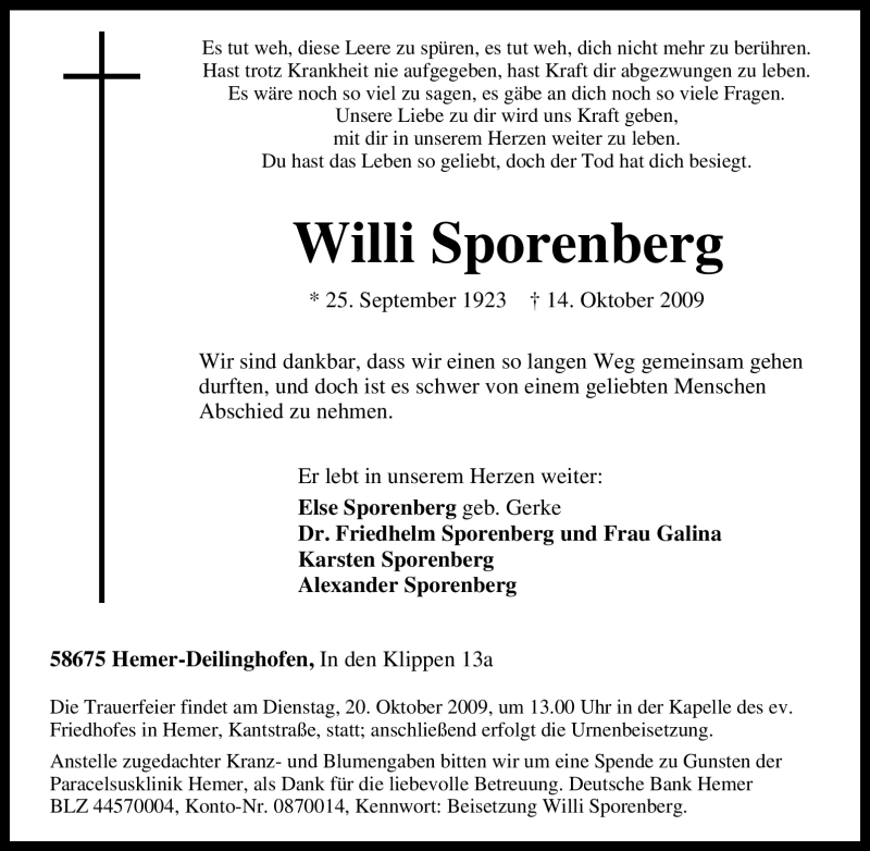  Traueranzeige für Willi Sporenberg vom 17.10.2009 aus Tageszeitung