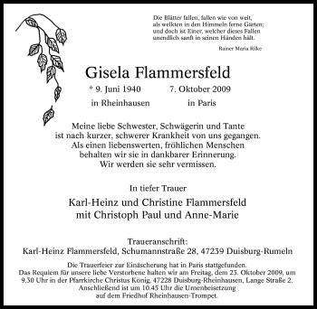 Traueranzeige von Gisela Flammersfeld von Tageszeitung