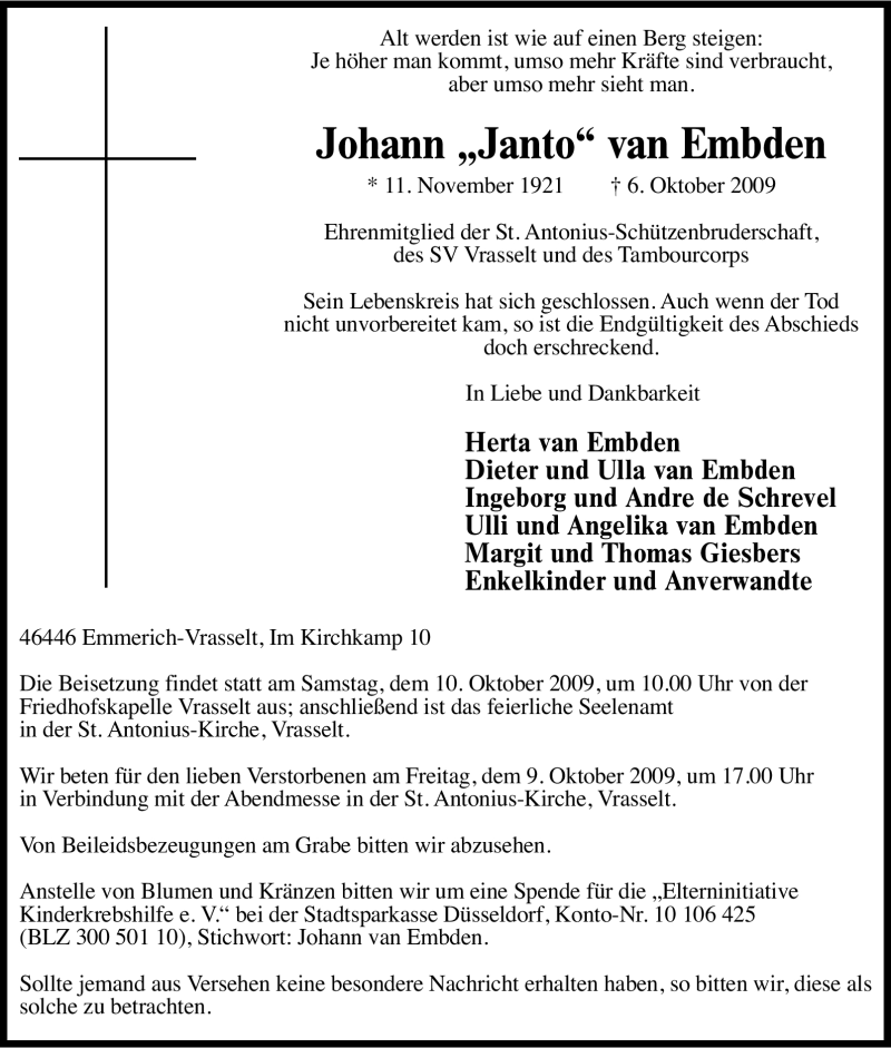  Traueranzeige für Johann van Embden vom 08.10.2009 aus Tageszeitung