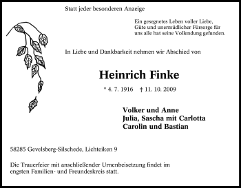 Traueranzeige von Heinrich Finke von Tageszeitung