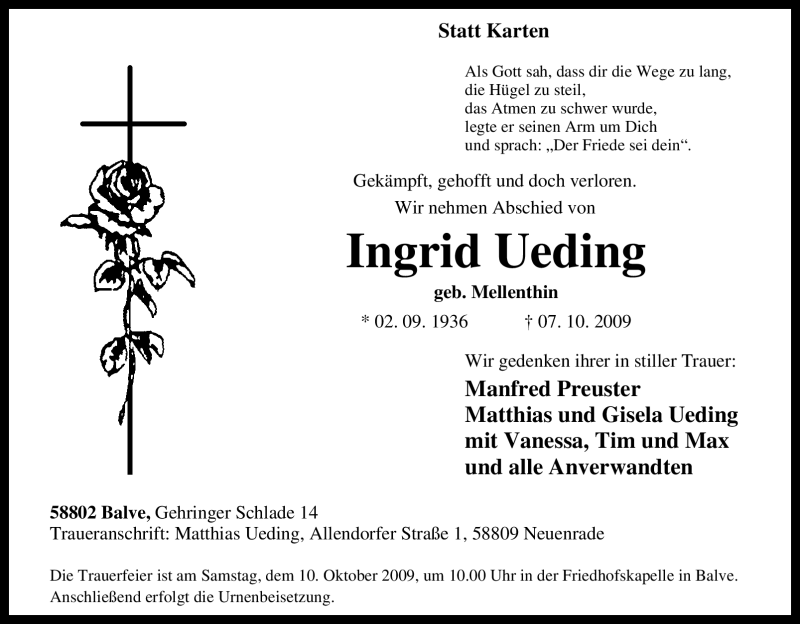  Traueranzeige für Ingrid Ueding vom 08.10.2009 aus Tageszeitung