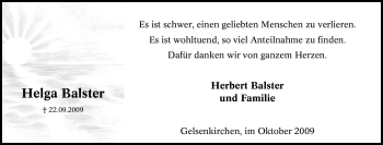 Traueranzeige von Helga Balster von Tageszeitung