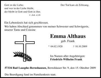 Traueranzeige von Emma Althaus von Tageszeitung