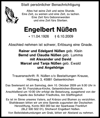 Traueranzeige von Engelbert Nüßen von Tageszeitung