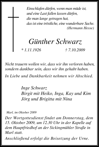 Traueranzeige von Günther Schwarz von Tageszeitung