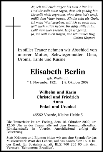 Traueranzeige von Elisabeth Berlin von Tageszeitung