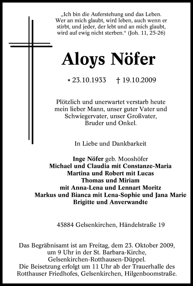 Traueranzeige für Aloys Nöfer vom 21.10.2009 aus Tageszeitung
