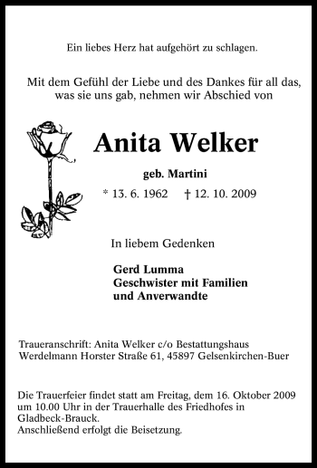 Traueranzeige von Anita Welker von Tageszeitung