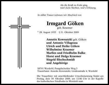 Traueranzeige von Irmgard Göken von Tageszeitung