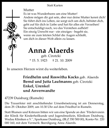 Traueranzeige von Anna Alaerds von Tageszeitung