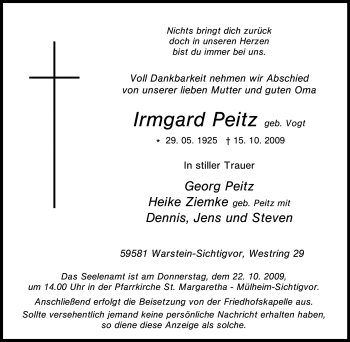 Traueranzeige von Irmgard Peitz von Tageszeitung