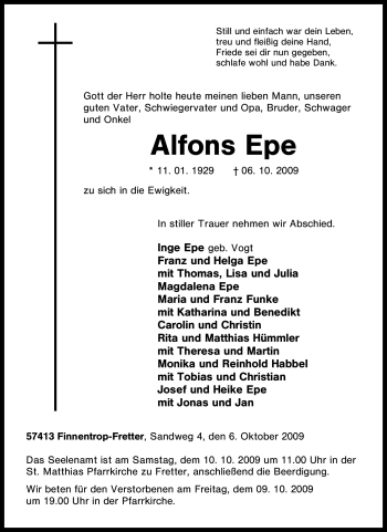 Traueranzeige von Alfons Epe von Tageszeitung