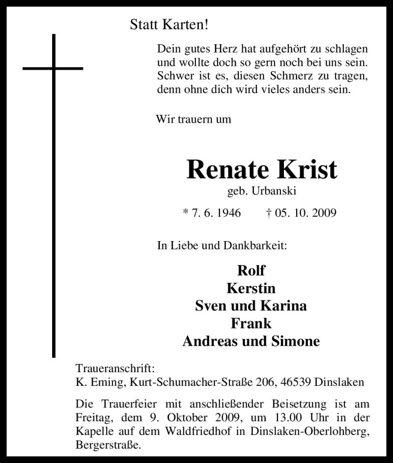 Traueranzeige für Renate Krist vom 08.10.2009 aus Tageszeitung