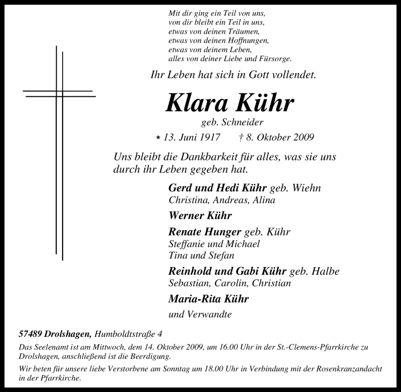  Traueranzeige für Klara Kühr vom 10.10.2009 aus Tageszeitung