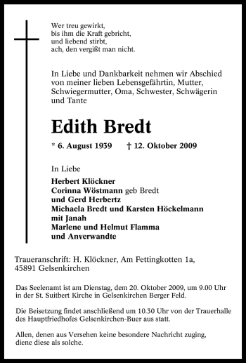 Traueranzeige von Edith Bredt von Tageszeitung