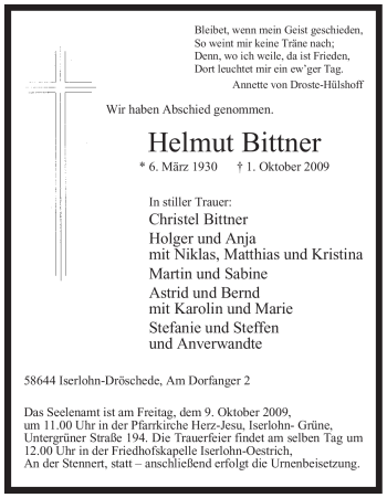 Traueranzeige von Helmut Bittner von Tageszeitung