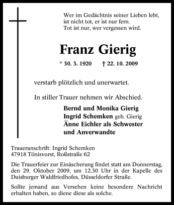 Traueranzeige von Franz Gierig von Tageszeitung