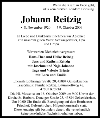 Traueranzeige von Johann Reitzig von Tageszeitung
