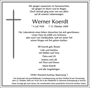 Traueranzeige von Werner Koerdt von Tageszeitung